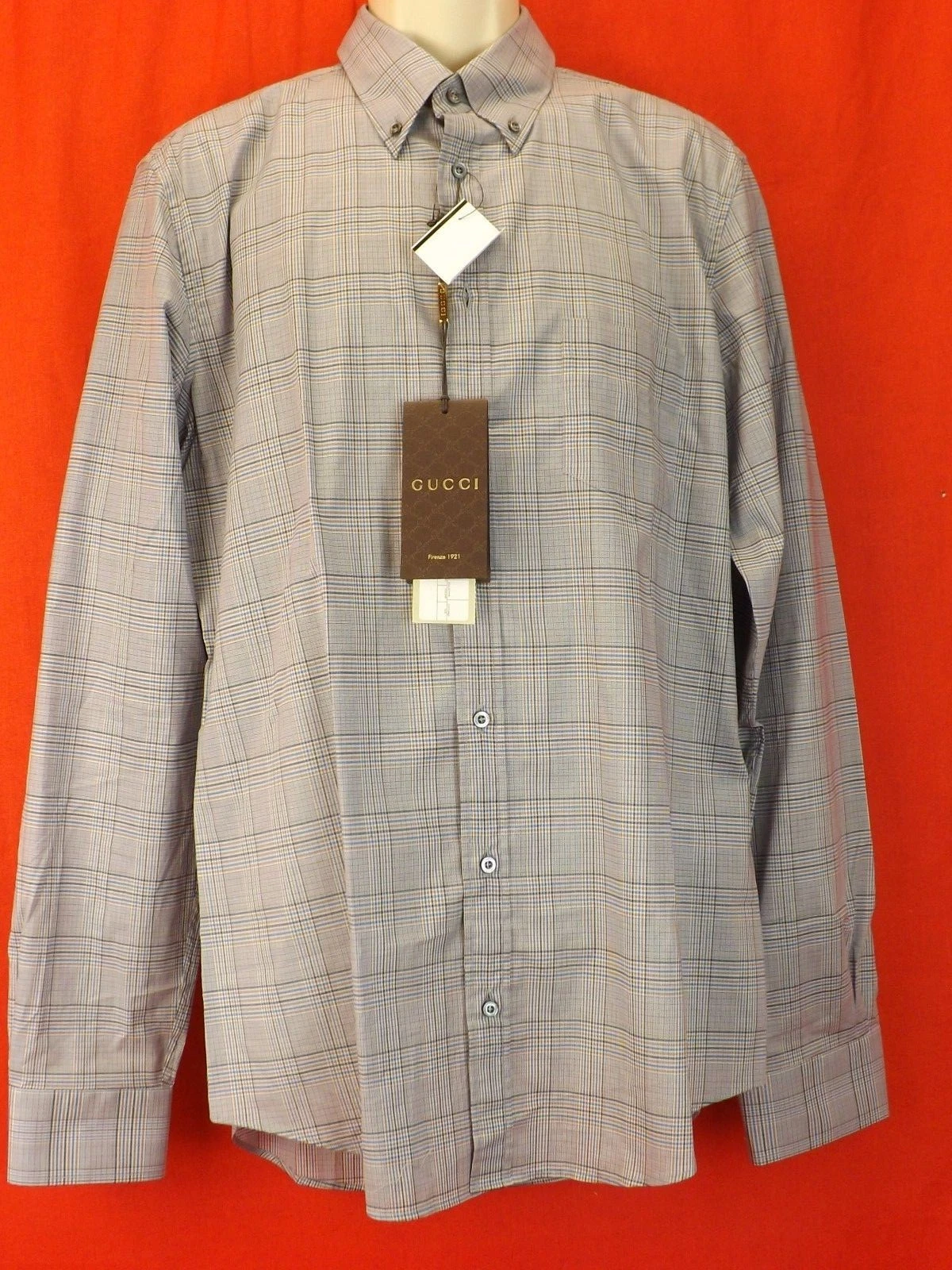 CHEMISE CLASSIQUE ROBE GUCCI BLEU/GRIS PLAID 333757 4201 ROBE COTON NEUVE DANS SA BOÎTE 15,5 39