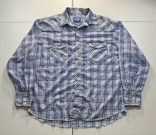 Vintage Wrangler Brushpopper Plaid Shirt Mens L Blue Western Cowboy Pearl Snap