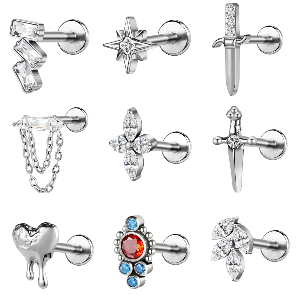 Perno labial de acero titanio 16G circonita cúbica Tragus Labret Stud Monroe Medusa piercing joyería Foto 2 de 4