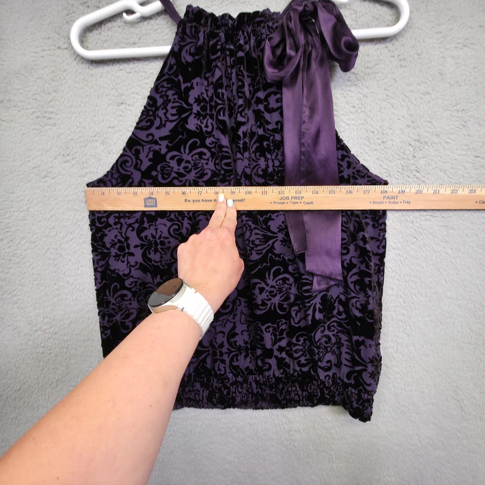 Top Tahari Terciopelo Burnout Para Mujer M Negro Púrpura Halter Pajarita Calada Declaración Foto 4 de 4
