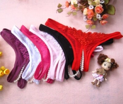 6/3Pack Women's Crotchless Thongs G-string Knicker Pearl Panties Night Underwear