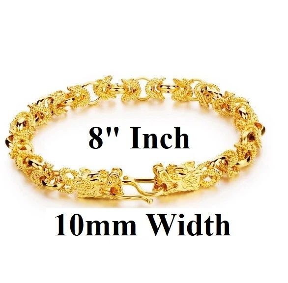 Brazalete de cadena de eslabones de 8" de ancho de dragón de 10 mm de plata relleno de oro de 18k D731 Foto 4 de 4