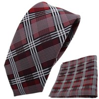 Schmale Tigertie Krawatte + Einstecktuch Rot Bordeaux Grau Schwarz Kariert