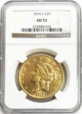 1874 S GOLD US SAN FRANCISCO $20 LIBERTY HEAD DOUBLE EAGLE COIN NGC ABOUT UNC 55