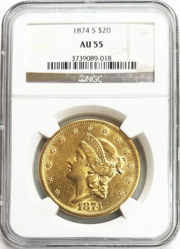 1874 S GOLD US SAN FRANCISCO $20 LIBERTY HEAD DOUBLE EAGLE COIN NGC ABOUT UNC 55