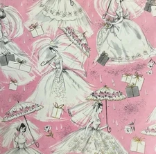 Vintage 1950s Dainty Bride Gift Wrap 1 Sheet Mid Century  Pink & Gold Artwork