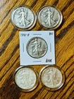 Walking Liberty Half Dollars, Lot Of 5, 90% Silver US Coins Various Years.