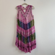 Ocean Queen Midi Dress V Neck Women M/L Pink Ombre Embroidery Hippie Swim Cover