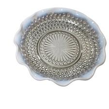 Vintage Clear Hobnail Glass Bowl White Opalescent Ruffled Rim 7.5"