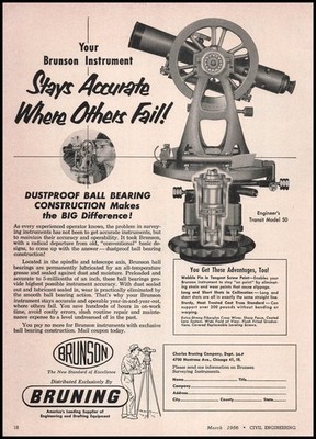 1956 Charles Bruning Brunson Dust Proof Ball Bearings Model 50 Transits Print Ad