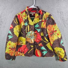 Coldwater Creek Womens PM Brown Floral 100 Silk Blazer Jacket Hidden Button PM