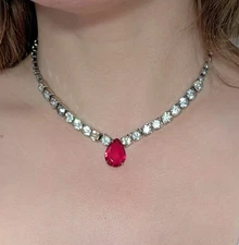 Vintage 1970's Estate Rhinestone Necklace - Ruby Red Teardrop