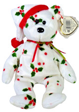 TY Beanie Baby 1998 Holiday Teddy Christmas Bear Holly Santa Hat With Tag