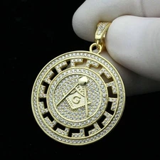 Men's 14K Yellow Gold Finish 2Ct VVS1 Diamond Masonic Medallion Charm Pendant