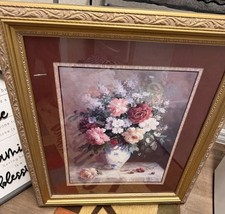 Cuadro de flores con marco dorado vintage interior del hogar firmado floral Jack Terry 25 X28