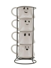 Way to Celebrate 4-Piece White Ghost Shaped Glazed Ceramic Stacking Mugs Set NEW
