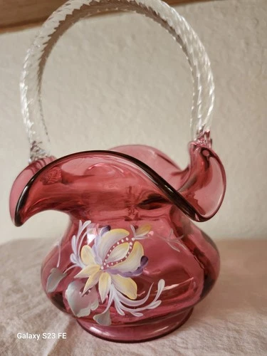 Fenton Basket Handpaint D. Johnson Pink Clear Handle