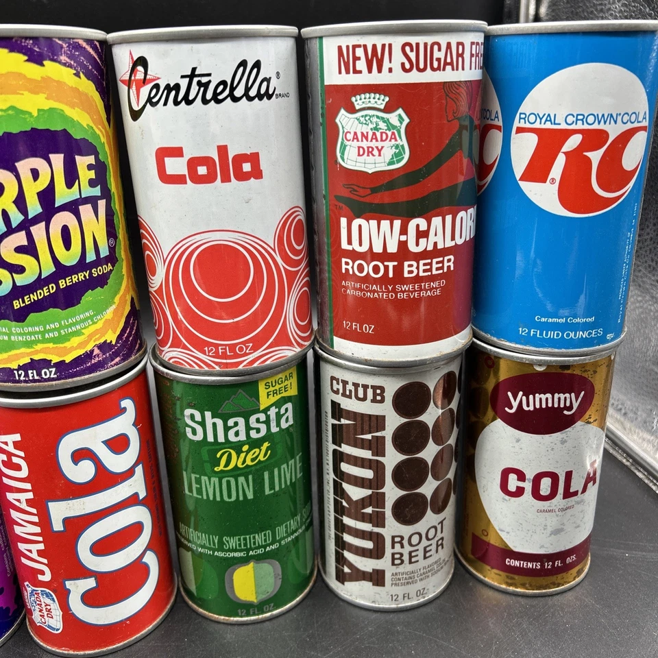Lot 12 VTG Steel Pop Soda Cans 12oz RC Pepsi Cola Shasta Diet Purple Passion F - Image 4 of 4