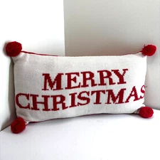Merry Christmas Knit Throw Pillow Red White Pom Pom Corners Holiday Decor 18x9"