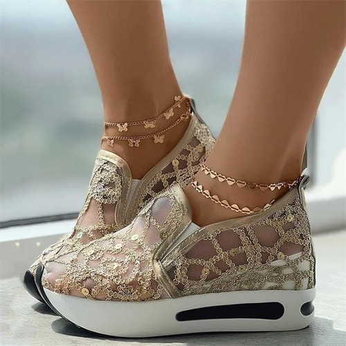 Platform Wedges Sneakers Floral Embroidery Mesh Sneakers Slip On Heeled Shoes - 第 10/41 張圖片