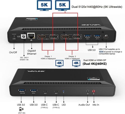 WAVLINK USB-C Laptop Docking Station | Dual 5K/4K Monitors, 65W Charging, 6 USB - Picture 2 of 8