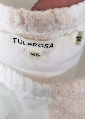 Tularosa XS Tunic Top Blouse White Swiss Dot Vertical Lace Pom Pom Hem - Picture 4 of 9
