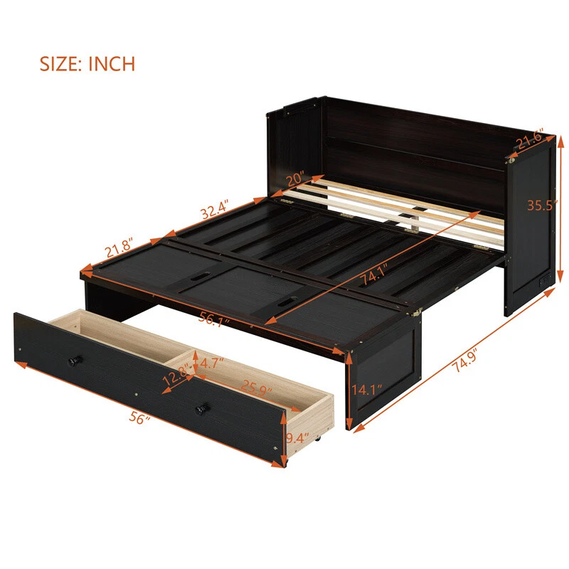 Cama Murphy Tamaño Completo con Puerto USB y Cajón de Almacenamiento Madera Murphy Gabinete Cama Espresso Foto 3 de 4