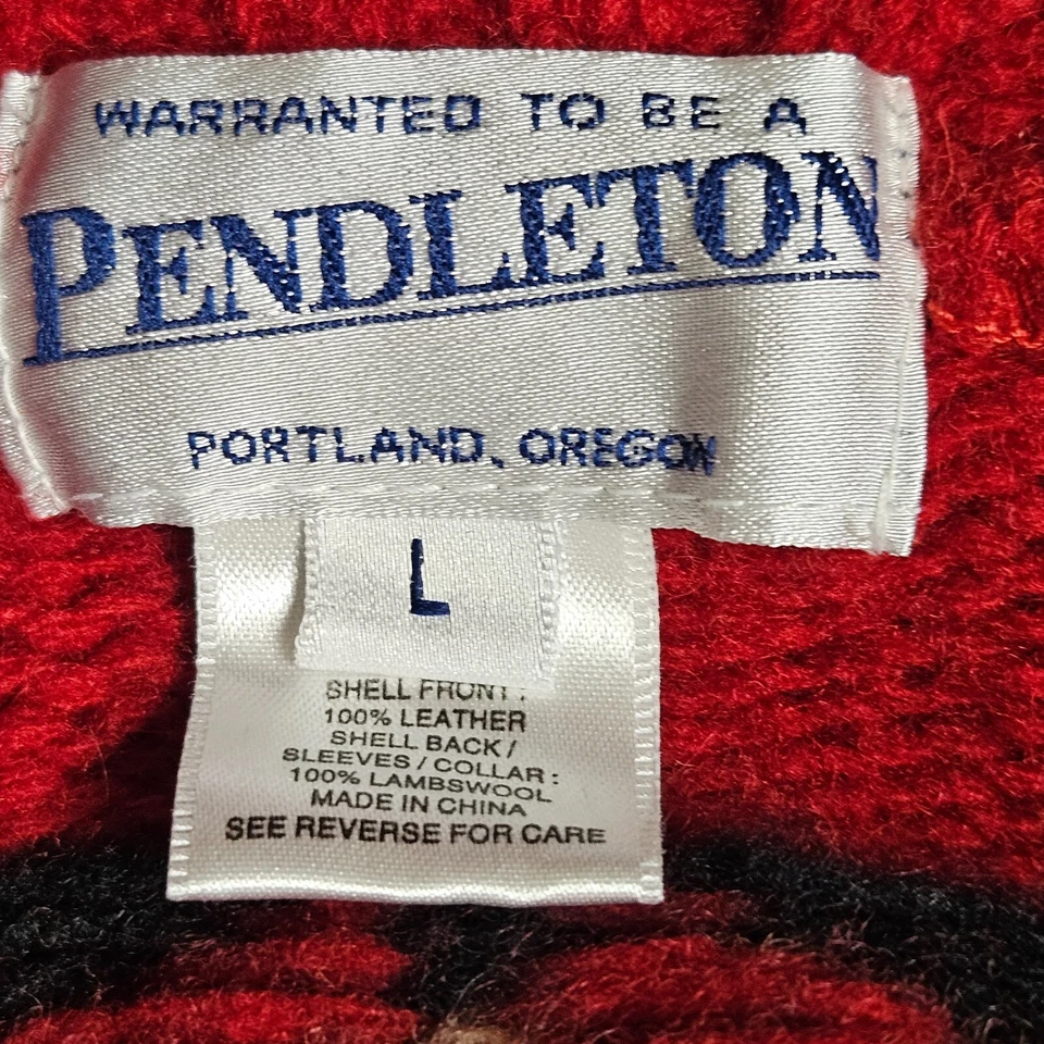 Pendleton Aztec Lambs wool Knit Suede Leather Snap Front Jacket L Red Black VTG - Image 3 of 4