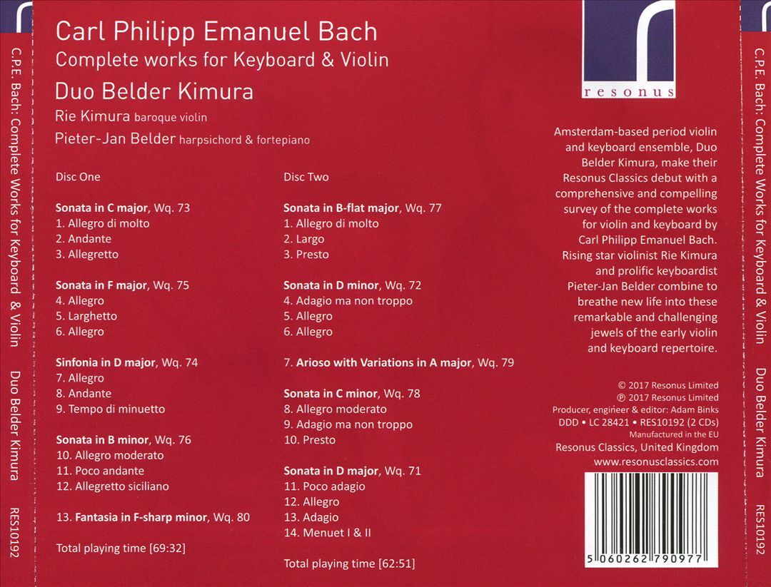 Carl Philipp Emanuel Bach Complete Keyboard & Violin Works by Duo Belder Kimura