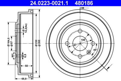 ATE 24.0223-0021.1 Brake Drum for Opel, Vauxhall