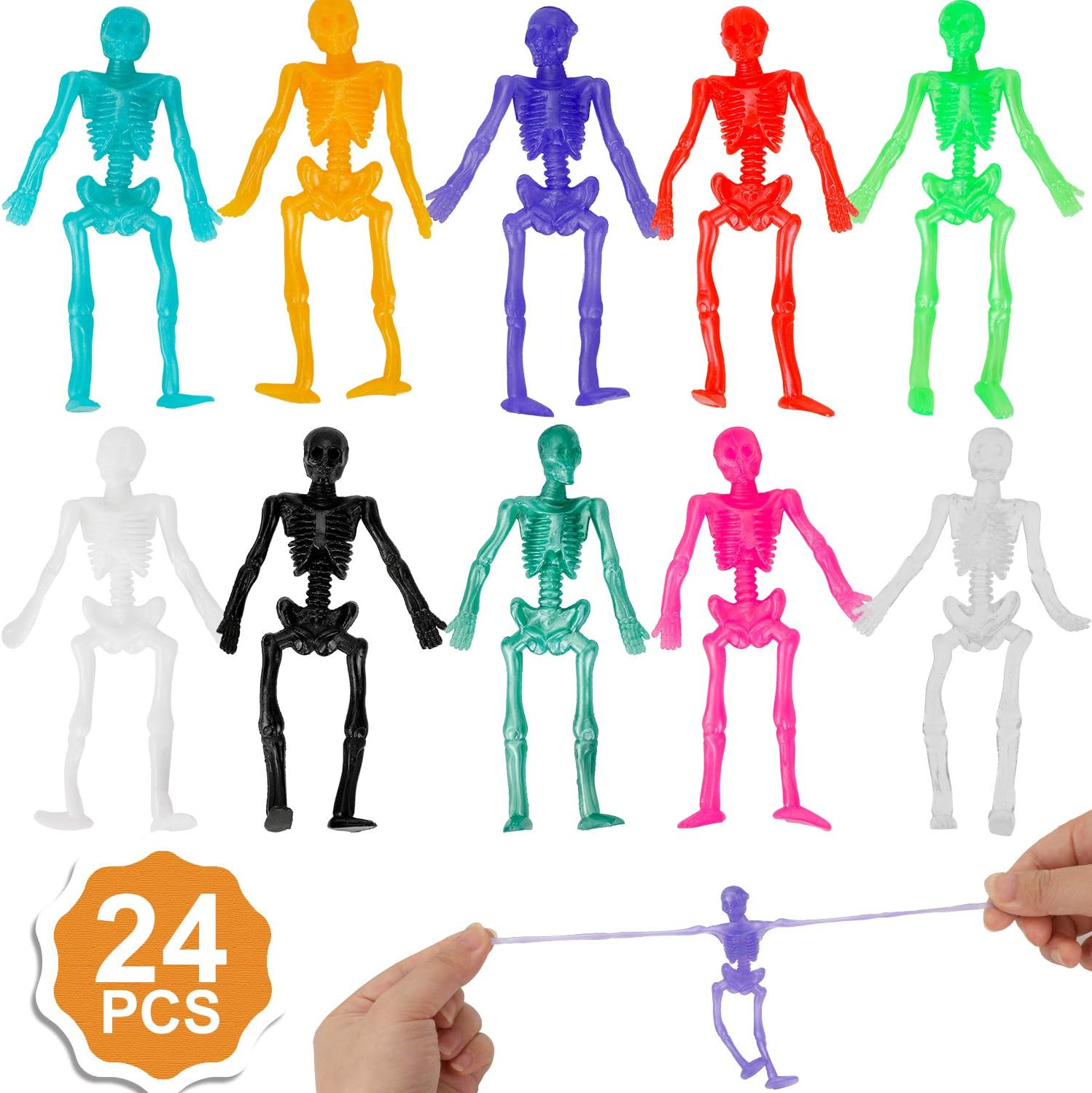 Qpout 24 Pack Stretchy Skeletons Stretchy Toys Bulk Set, Random 10 Glitter Color