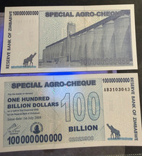 Authentic Zimbabwe 100 Billion Dollars CIRCULATED Special Agro Cheque AB/2008