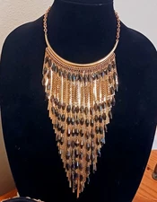 Designer Charming Charlie Tapered Fringe Chain Bib Necklace Gold-Tone Black Bead