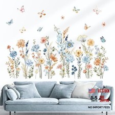 Blue Boho Wildflower Wall Stickers Garden Flowers Grass Peel and Stick Wall