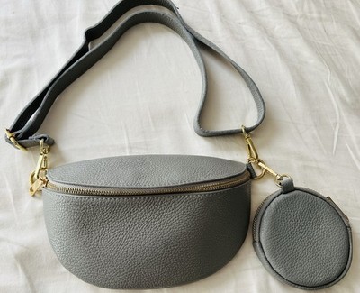 Light Grey Italian Pebbled Leather Sling Bag + Pouch. Made In Florence, Italy