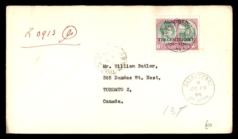 Mayfairstamps St Kitts and Nevis 1954 Basseterre to Toronto Canada Anguila Anniv
