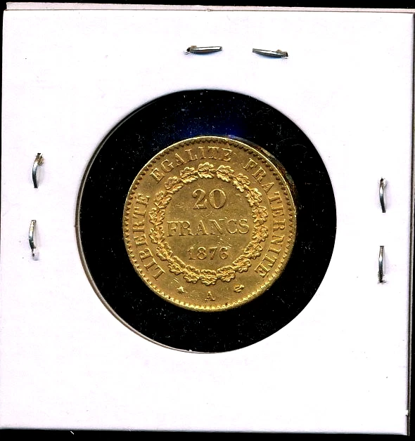 Французский счастливый ангел 1876 A France 0,1867 унции золото 20 франков бывший в обращении блеск - Изображение 2 из 2