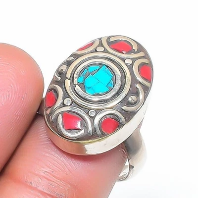 Bague réglable pierre précieuse corail turquoise argent tibétain bijou... - Photo 1/4