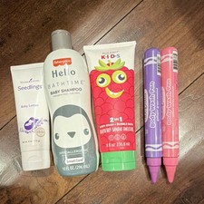 Baby bath items - shampoo and body wash, body wash, body lotion, 2 bath crayons