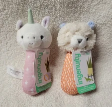 Ingenuity Premium Soft Unicorn Sheep Plush Handheld Infant Baby Rattle Lot 2 NEW
