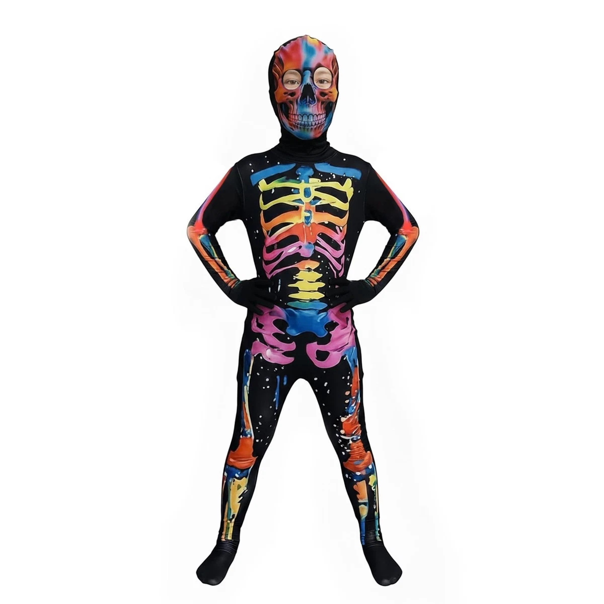 Costume da scheletro per bambini, a corpo intero, nero, costume per