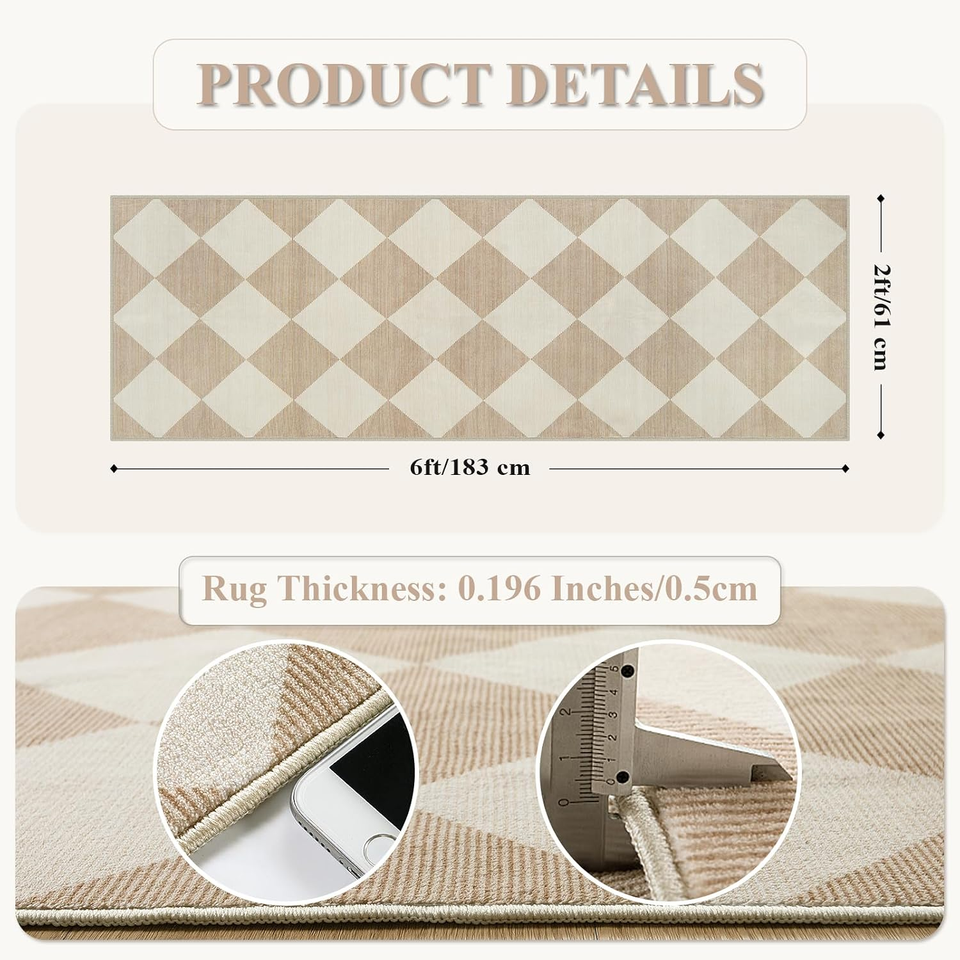 Checkered Print Carpet Runners for Hallway 6Ft, Beige Ultra Thin ...
