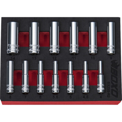 1/4'' Antrieb Steckschlüsselsatz 12 Punkt tief 4-14 mm 13-tlg. in Schaumstoffeinlage BOXO BX255-R2