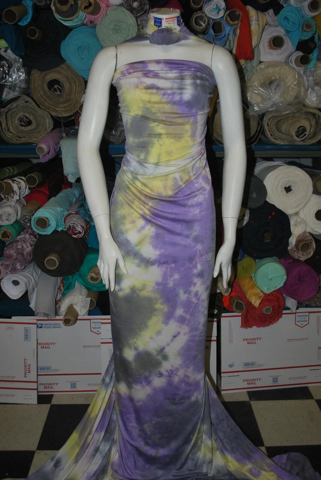 Tejido de punto TieDye Rayón Strech hermoso combo amarillo violeta por yarda Foto 2 de 4