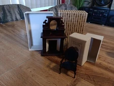 CONCORD  FIREPLACE WITH ROYAL BLUE CHAIR DOLLHOUSE MINIATURES DARK WOOD