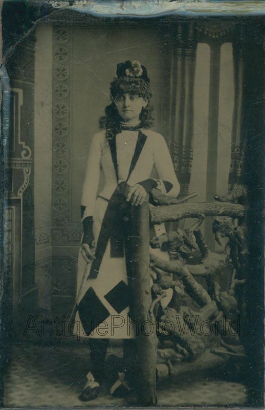 Young girl in costume with whip horse rider ? antique tintype photo
