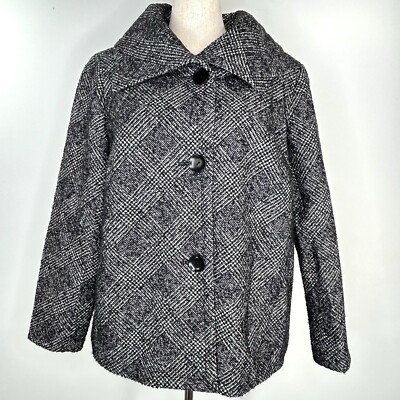 Talbots Jacket Women 20W Black White Plaid Wool Tweed Pockets Boho Preppy Coat