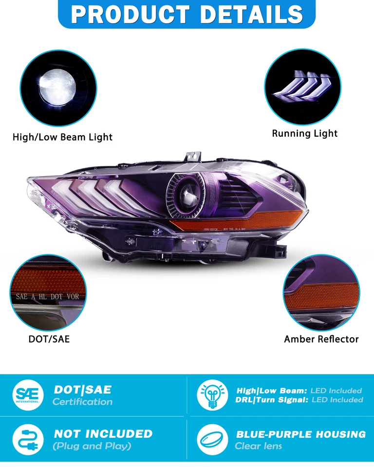 Par de faros delanteros coloridos para Ford Mustang 2018-2023 LED DRL Foto 4 de 4