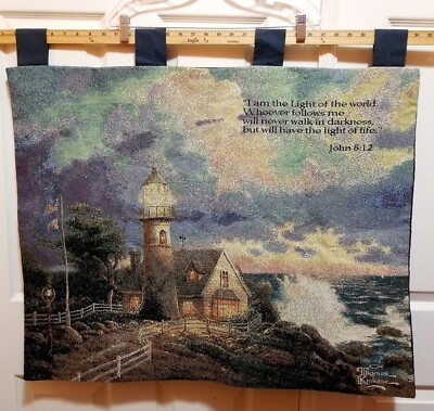 Thomas Kinkade Tapestry Art Wall Hanging 32x26 Christian   Lighthouse Storm 