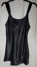 Vtg Inner Most Black Satin Nightgown Wide Straps Embroidery Black Chemise Medium